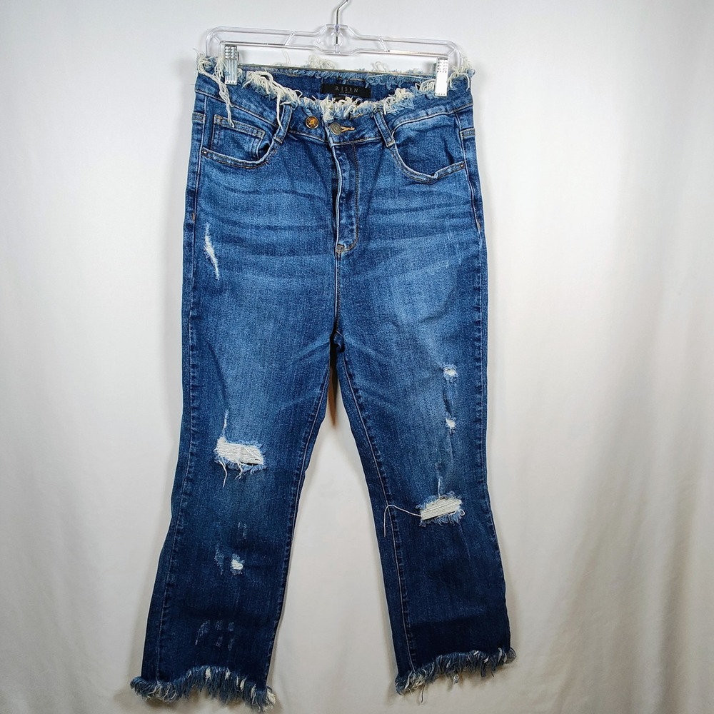 Risen Los Angeles Raw Waist Raw Hem Distressed Jeans Medium Wash Size 13/31